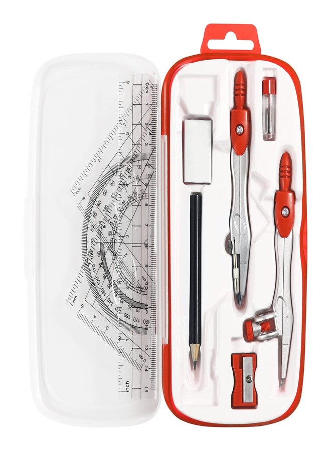 Unjoo Math Geometry Kit Sets 10 Piece Student Supplies with Shatterproof Storage Box,Includes Rulers,Protractor,Compass,Eraser,Pencil Sharpener,Lead Refills,Pencil,for Drafting and Drawings（Red） - Image 1